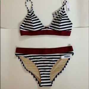 Navy and white striped two piece bikini swimsuit